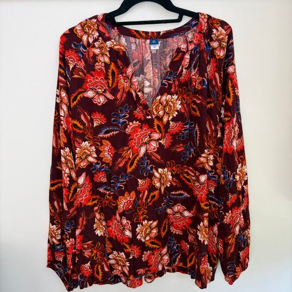 Old Navy Paisley Floral Red Boho Flowy Blouse XL Tall V-neck Prairie Revival - Picture 2 of 8